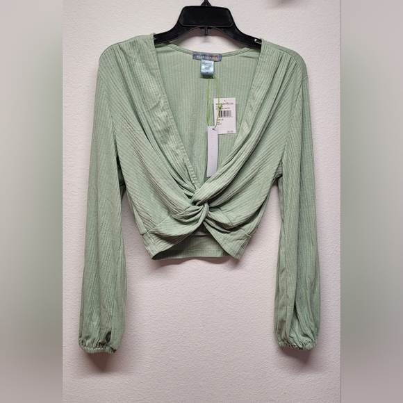 From Nordstrom Ribbed Twist Knot V-Neck Long Sleeve Womens Crop Top M Green - Picture 2 of 5
